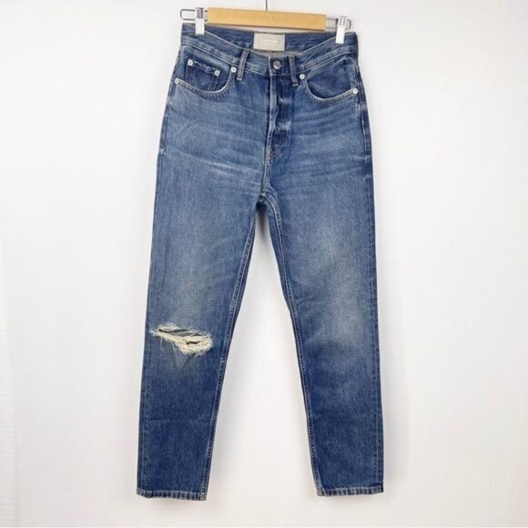Everlane The Cheeky Hidden Button Fly Distressed ripped knee Straight Jeans 25